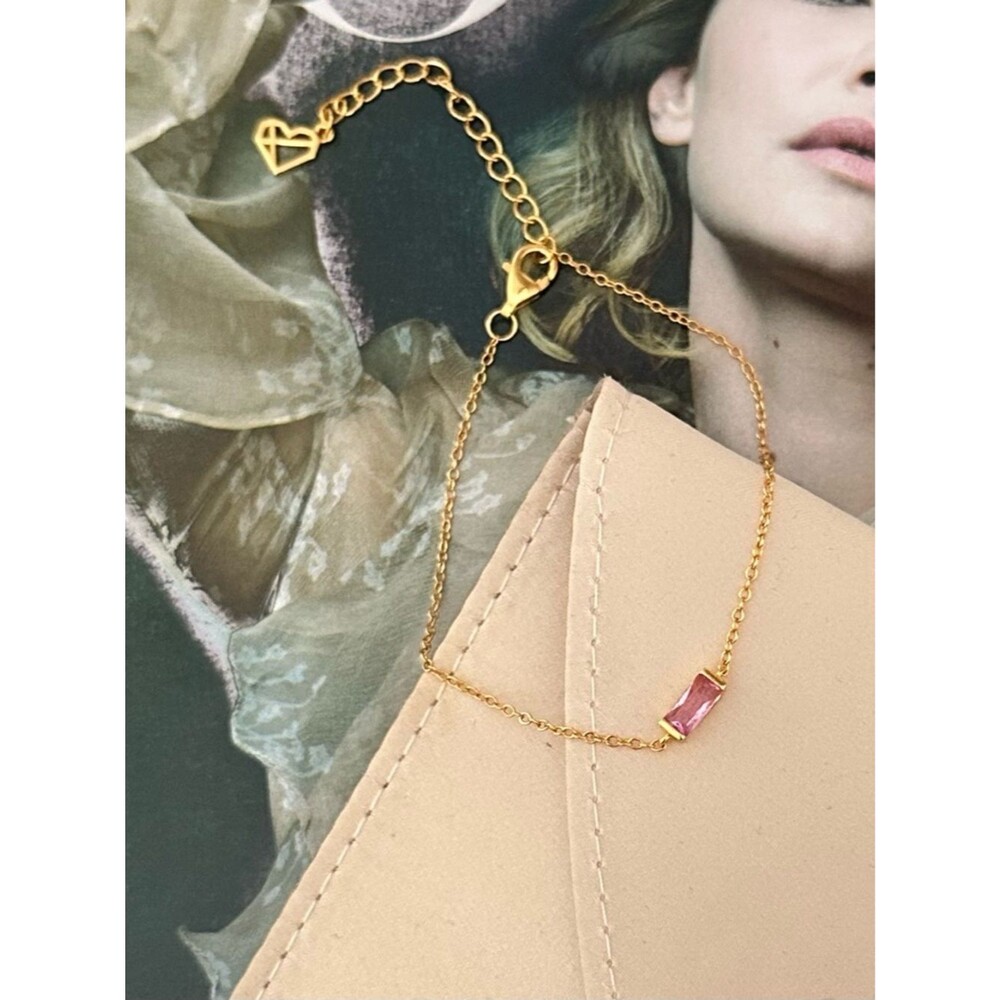 Caitlyn Minimalist October Pink Tourmaline Baguette Birthstone Bracelet Gold